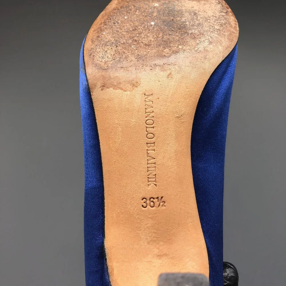 Manolo Blahnik Cobalt Satin Pointed-Toe Pumps with Jeweled Buckle - Picture 10 of 10
